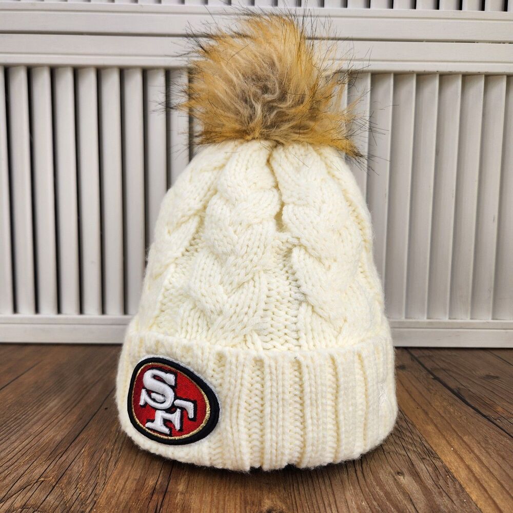 New Era San Francisco 49ers Beanie Cable Knit Cream Cuffed Pom Pom Womens Winter